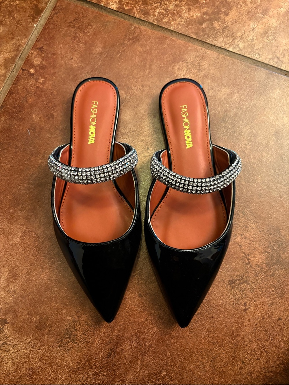 Fashion Nova Black Patent Pointed Mules with Crystal Strap